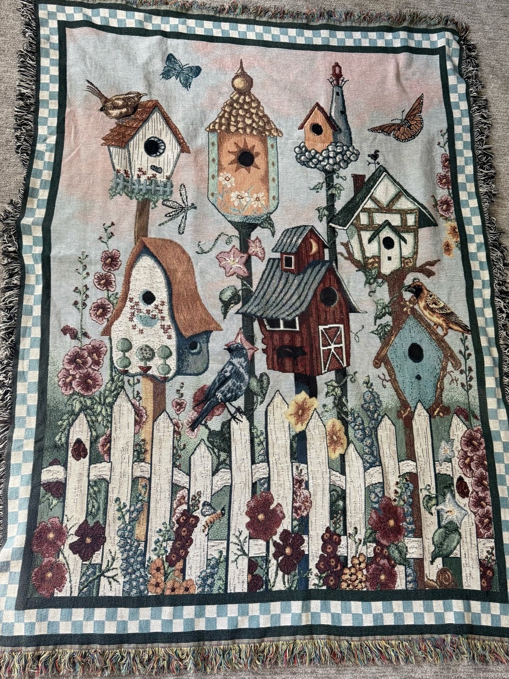 Cottagecore Birdhouse Garden Woven Tapestry Throw Blanket 48 x 65